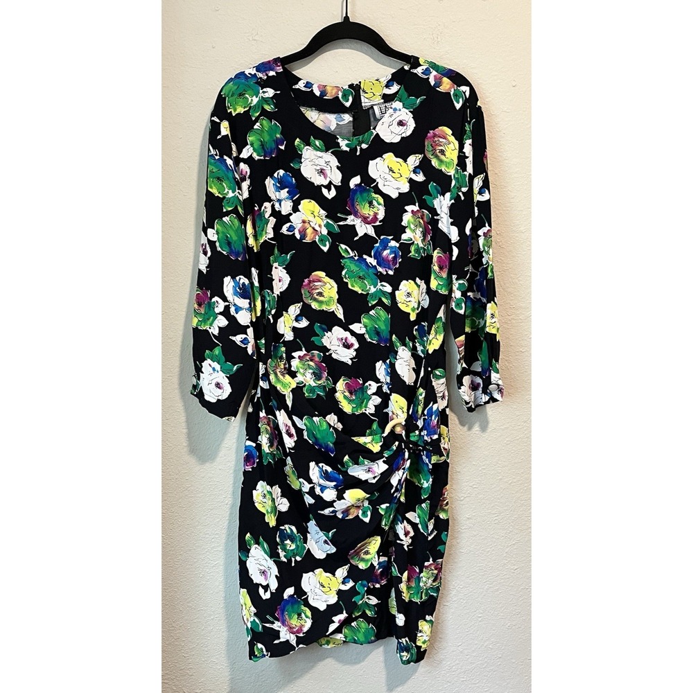 Vintage 80's La Belle Dress Size 11 Black Floral Draped Tie Button Sleeve Chic